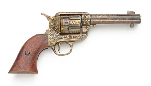 FAST DRAW, SINGLE ACTION WESTERN PISTOL WITH GOLD ENGRAVING