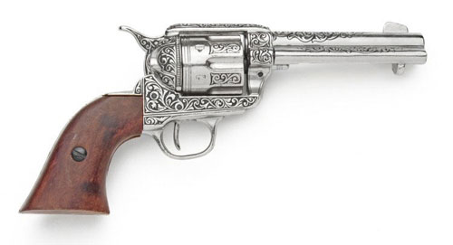 FAST DRAW, SINGLE ACTION WESTERN SIX SHOOTER PISTOL WITH NICKEL ENGRAVING